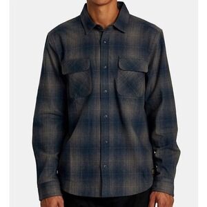 New RVCA Dayshift Flannel Shirt Mens L Long Sleeve Plaid Gray‎ Casual Button Up